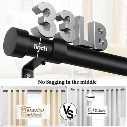 KAMANINA Black Curtain Rod 32 to 144 Inch (2.6-12 Feet), 1 Inch Heavy Duty Curtain Rods for Windows, Modern Adjustable Drapery Rods with End Cap (32"-144")