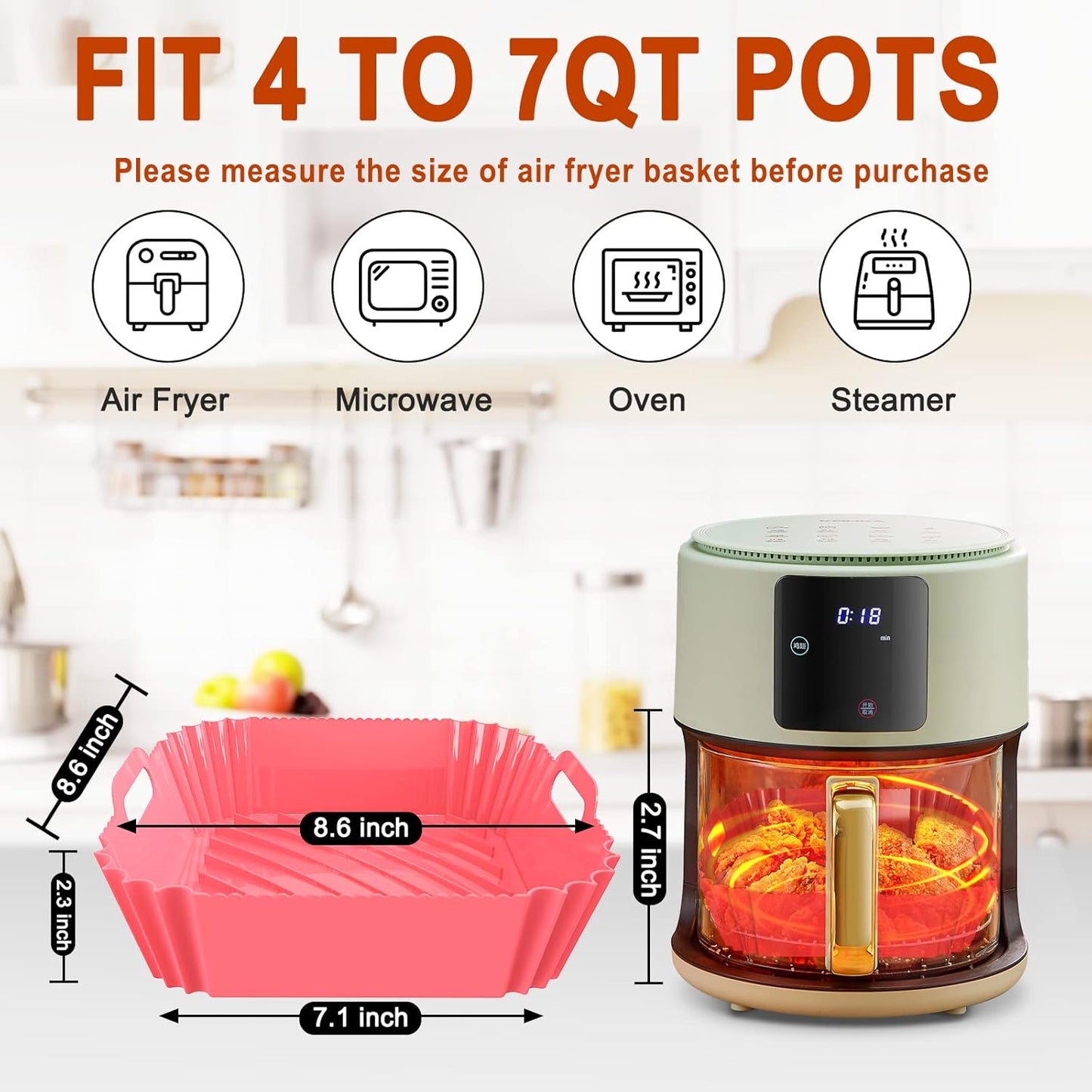 Skiennix Air Fryer Silicone Liners - Reusable 7.1 Inch Square Mats for 4-7 QT Air Fryers | Baking Tray Accessories