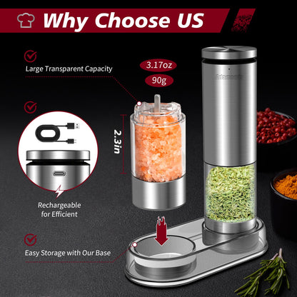 Stainless Steel Rechargeable Lighted Electric Salt and Pepper Grinder Set with Adjustable Coarseness,One Hand Operation Automatic Salt and Pepper Mill Grinder Shakers,2 Packs