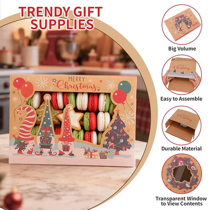 12-Pack Christmas Cookie Boxes with Window, Kraft Treat Tins with Ribbons & Tags