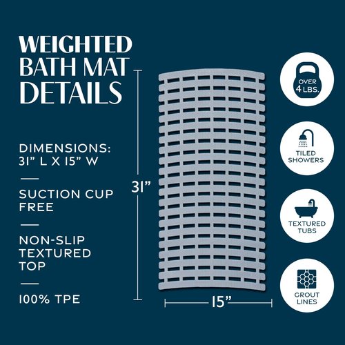 SlipX Solutions Weighted Non Slip Bath Mat for Textured Tub & Shower Surfaces, Patent Pending, Anti Slip Bathtub Safety Without Suction Cups, Doesn’t Float, Works on Tile & Stone 31” x 15”, Gray