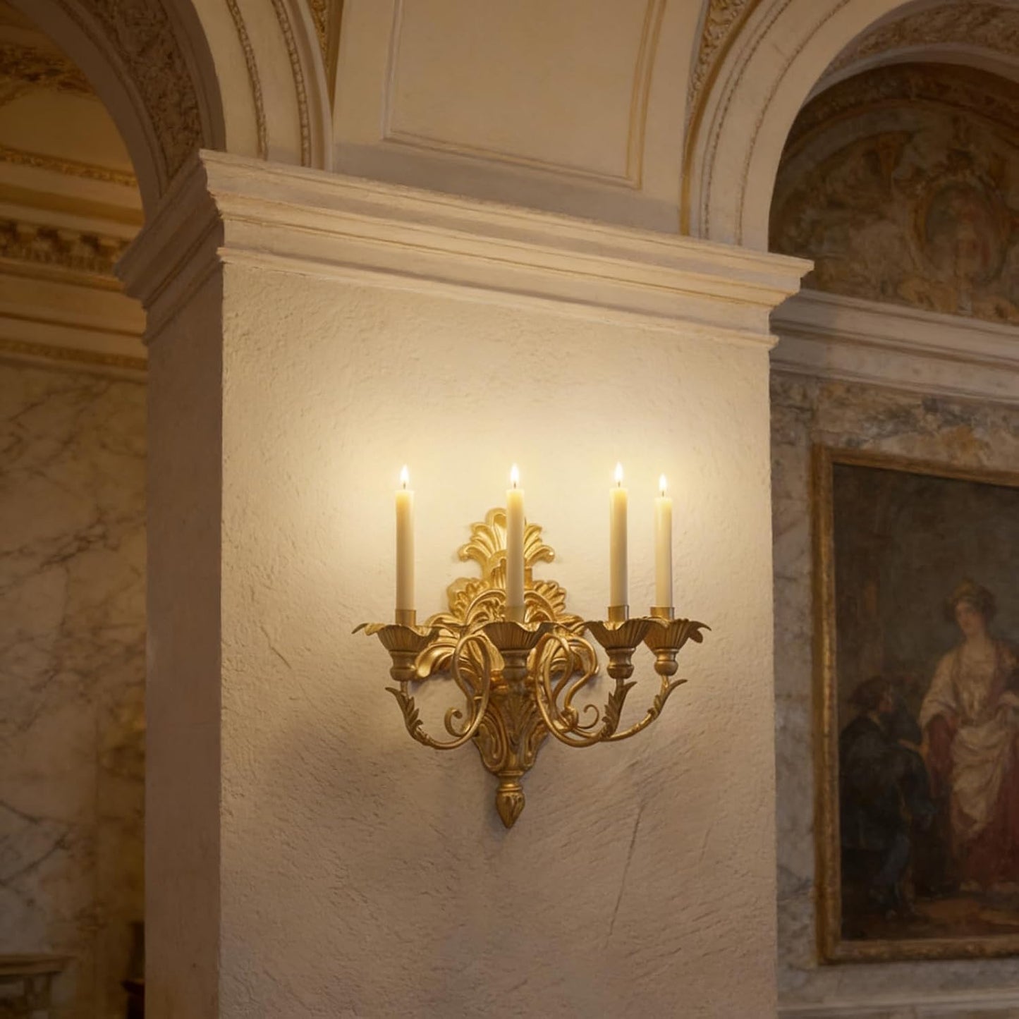 Roman Fountain Wall Sconce - 4-Candle Gold Baroque Candelabra | Antique Metal Wall-Mounted Holder for Tapered Candles