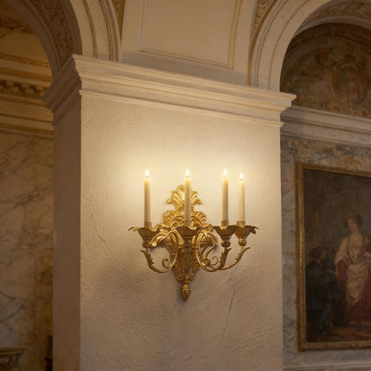 Roman Fountain Wall Sconce - 4-Candle Gold Baroque Candelabra | Antique Metal Wall-Mounted Holder for Tapered Candles