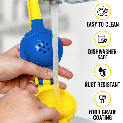 Zulay Metal 2-In-1 Lemon Squeezer Manual - Sturdy, Max Extraction Hand Juicer Lemon Squeezer Gets Every Last Drop - Easy to Clean Manual Citrus Juicer - Easy-to-Use Lemon Juicer Squeezer - Gold/Blue