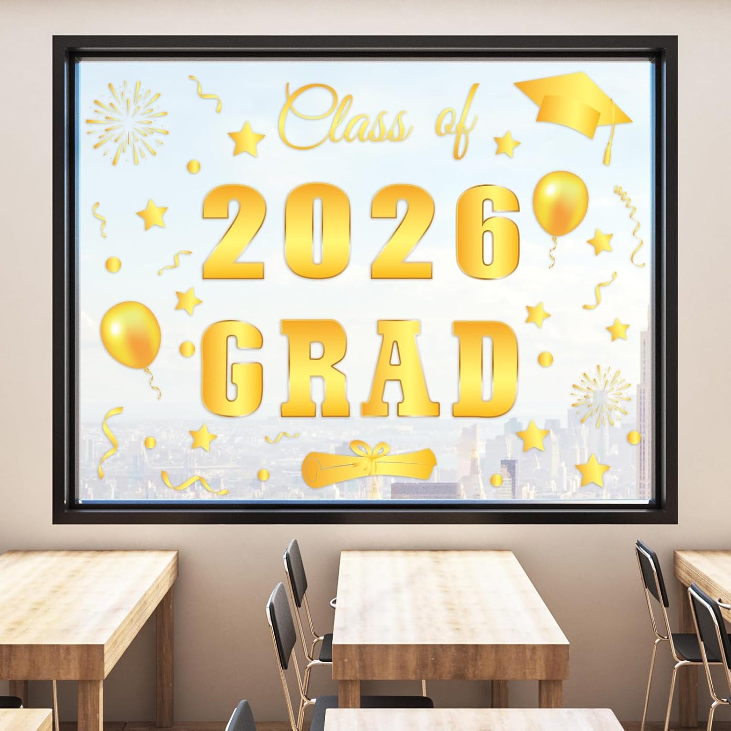 Whaline Graduation Window Clings - Class of 2026 Gold Foil Congrats Grad Decals | Reusable Home & Classroom Decor