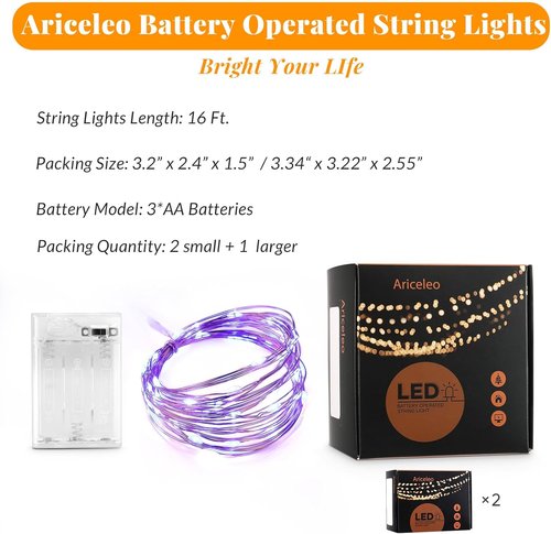 Ariceleo LED Fairy Lights - Battery Operated Copper Wire String Lights | 5m/16ft Blue for Bedroom & Events