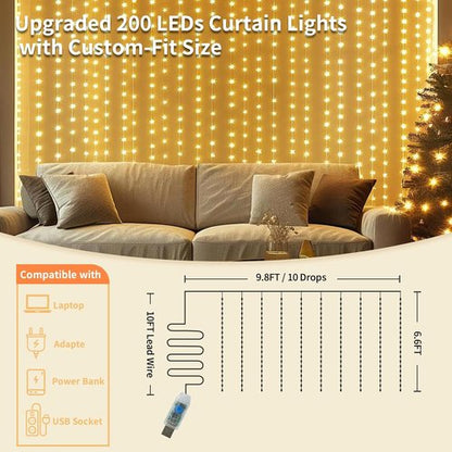 Fairy Curtain Lights - 200 LED Tangle-Free String Lights with Remote | USB Plug for Bedroom & Party Décor - 9.8 x 6.6 Ft, Warm White