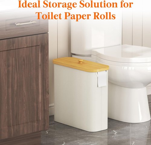 Lifewit Toilet Paper Storage Holder - Free Standing Organizer for 12-16 Rolls | Extra Large 30L, White with Bamboo Lid