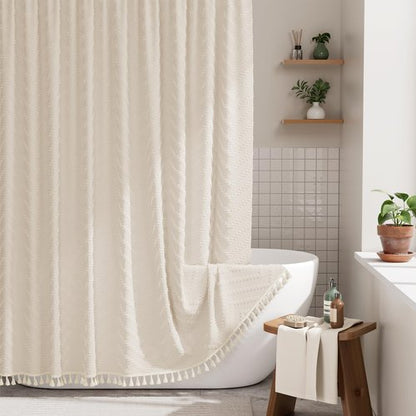 AmazerBath Boho Farmhouse Shower Curtain with Tassels, Beige Shower Curtain Set Fabric, Soft Cloth Chevron Rustic Shower Curtain with Hooks, Hotel Quality, 72x72 Inches