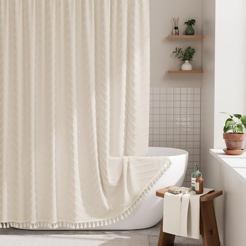 AmazerBath Boho Farmhouse Shower Curtain with Tassels, Beige Shower Curtain Set Fabric, Soft Cloth Chevron Rustic Shower Curtain with Hooks, Hotel Quality, 72x72 Inches
