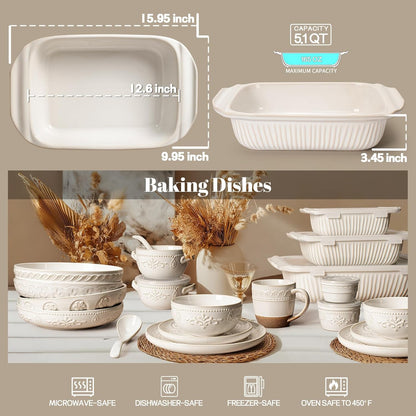 Artena Baking Dish - 5.1 Quart Casserole Dish with Handles | Deep Rectangular White Ceramic Bakeware