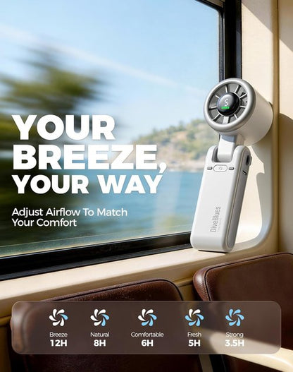 Diveblues Portable Handheld Turbo Fan - 5-Speed Wind, Battery Operated, 12-Hour Runtime, Silver White