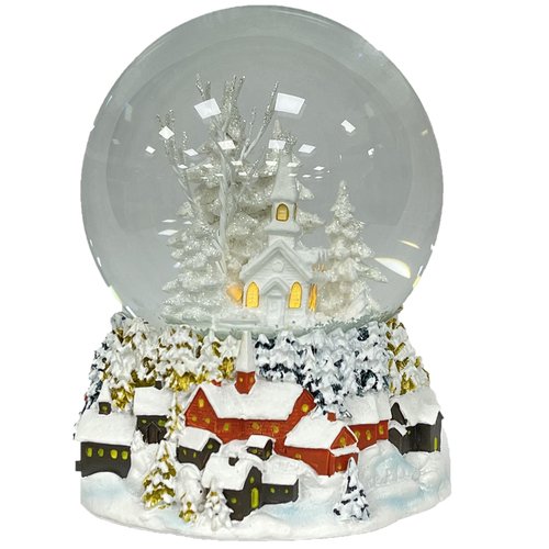 Ashfield & Harkness Winterland Church Decorative Snow Globe with Wind Up Music Box and LED Battery Operated Light