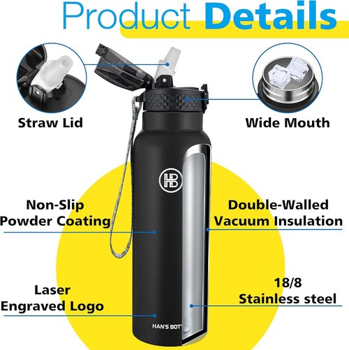 Han's Bottle Sports Water Bottle - 24 Oz Vacuum Insulated, Leak Proof Straw Lid - Black Stainless Steel