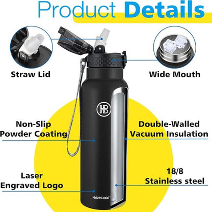 Han's Bottle Sports Water Bottle - 24 Oz Vacuum Insulated, Leak Proof Straw Lid - Black Stainless Steel