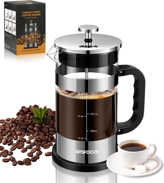 French Press Coffee Maker - 21oz Classic Glass Pot | Heat-Resistant Borosilicate with 4-Level Filters