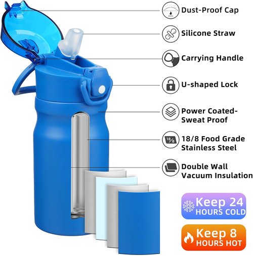 BJPKPK Insulated Water Bottle - 14oz Stainless Steel Thermal Flask with Straw & Carry Handle | Blue