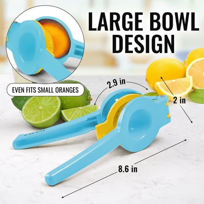 Zulay Metal 2-In-1 Lemon Squeezer Manual - Sturdy, Max Extraction Hand Juicer Lemon Squeezer Gets Every Last Drop - Easy to Clean Manual Citrus Juicer - Easy-to-Use Lemon Juicer Squeezer - Blue/Yellow