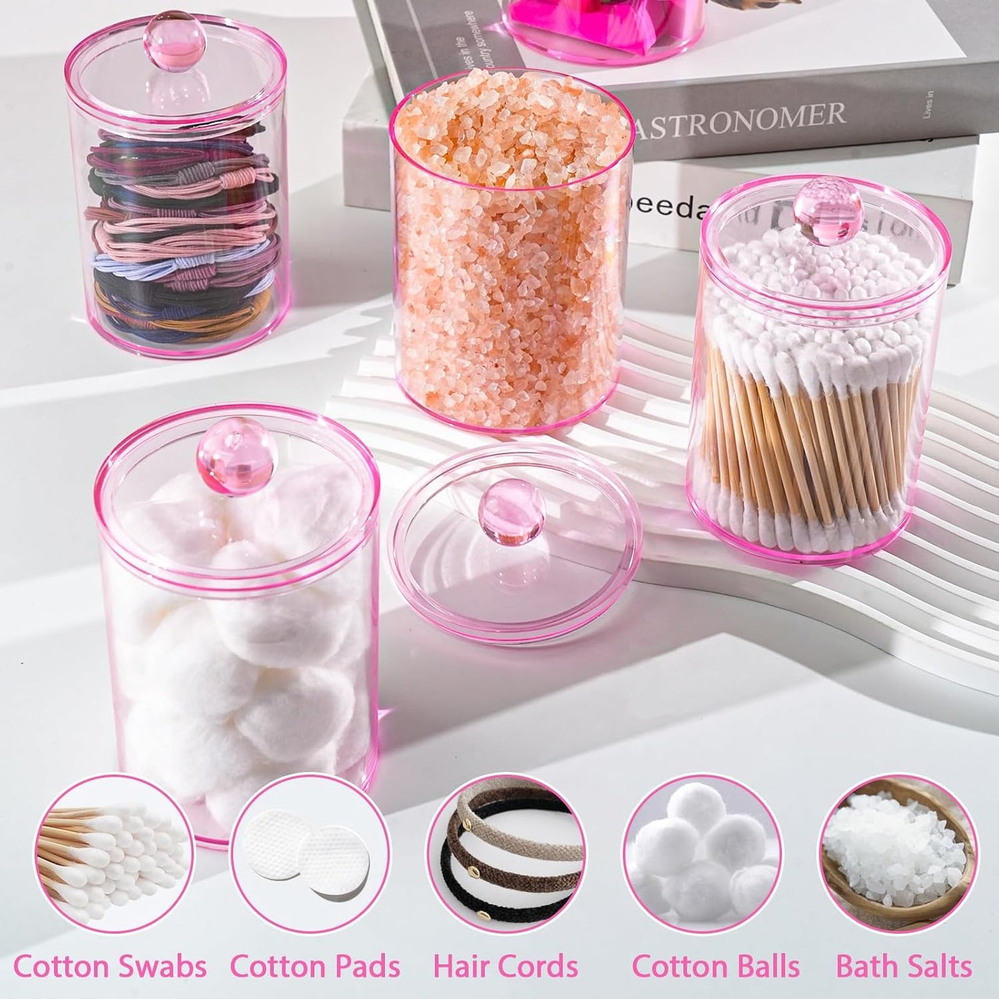 XIPENGKEJI Qtip Holder Set - 6 Pack Apothecary Jars with Lids for Cotton Swabs & Pads | Pink 10oz-12oz