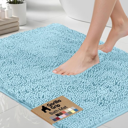 GORILLA GRIP Bath Rug Mat, Thick Soft Absorbent Chenille, Quick Dry Microfiber Mats, Rubber Backing Washable Shower Floor Rugs, US Designed Bathroom Bathmat Home Decor Accessories, 24x17, Sky
