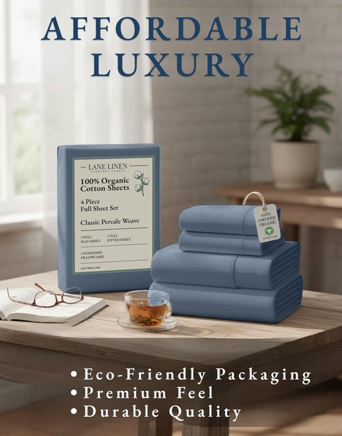 LANE LINEN Eco Friendly 100% Organic Cotton Fully Elasticized Full Sheet Set, Low Pilling Fade Resistant Machine Washable Naturally Cooling Full Bed Sheets, Soft & Comfy Cotton Bedding - Estate Blue