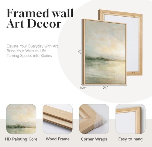 Framed Sage Green Abstract Wall Art - Large Set of 2 Minimalist Canvas Prints | 24x36 Inch for Living Room & Office