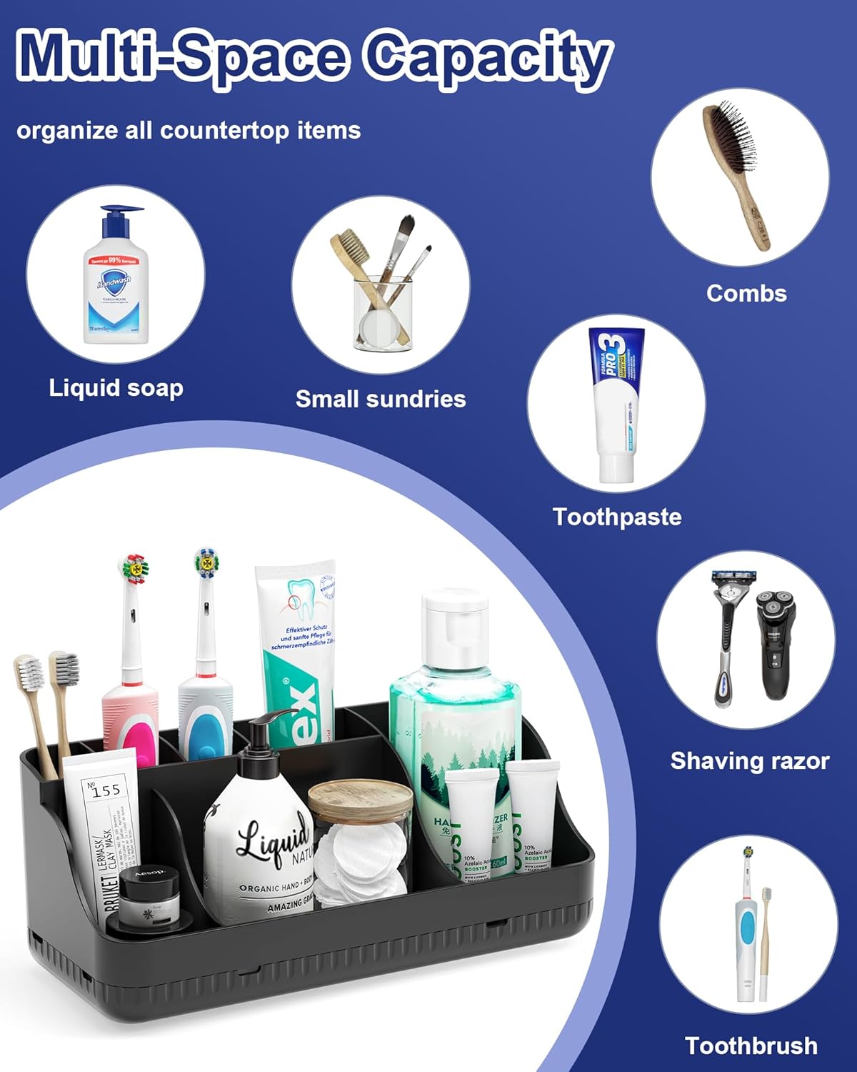 Skiennix Bathroom Counter Organizer - 7 Slot Detachable Toothbrush Holder | Anti-Slip Vanity Storage for Adults & Kids