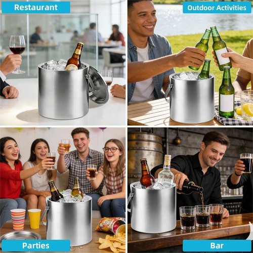 Chefbee 3L Double-Wall Stainless Steel Ice Bucket and 2PCS Metal Spatula Set