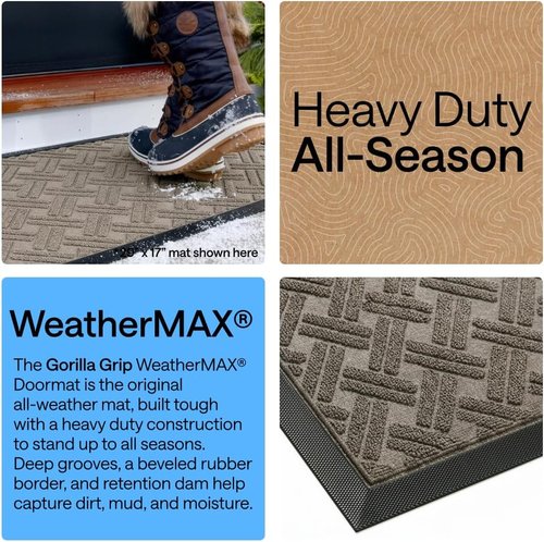 GORILLA GRIP Waterproof All-Season WeatherMAX Doormat - Natural Rubber, Stain & Fade Resistant, 29x17, Taupe Basket Weave