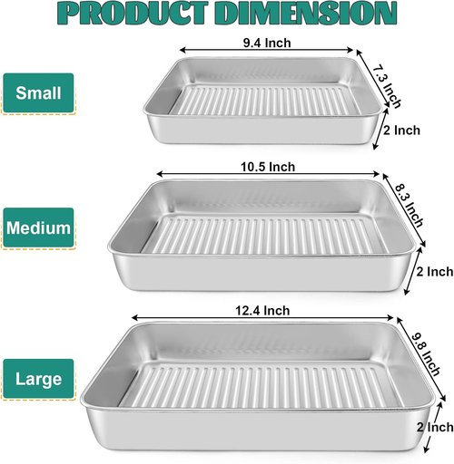 E-far Stainless Steel Baking Pans Set of 3 | Non-Toxic, Dishwasher Safe - 12.5/10.5/9.4 Inch Rectangular Trays for Lasagna, Brownies & Cookies