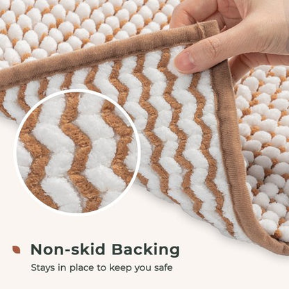 FRESHMINT Chenille Bathroom Rugs Sets 2 Piece 17"x24"+20"x47", Non-Slip Bath Mats for Bathroom Absorbent Bath Rug Washable Set of 2 Shower Floor Mat Runner, White and Brown