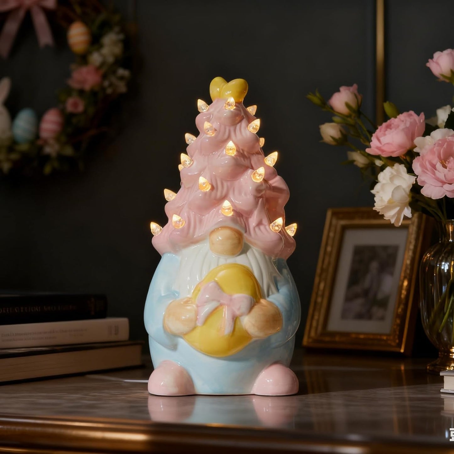 WDS Wondrous Lighted Gnome Figurine - Ceramic Battery Operated LED Easter Decor | Pink Hair Holding Egg, Spring Table Centerpiece