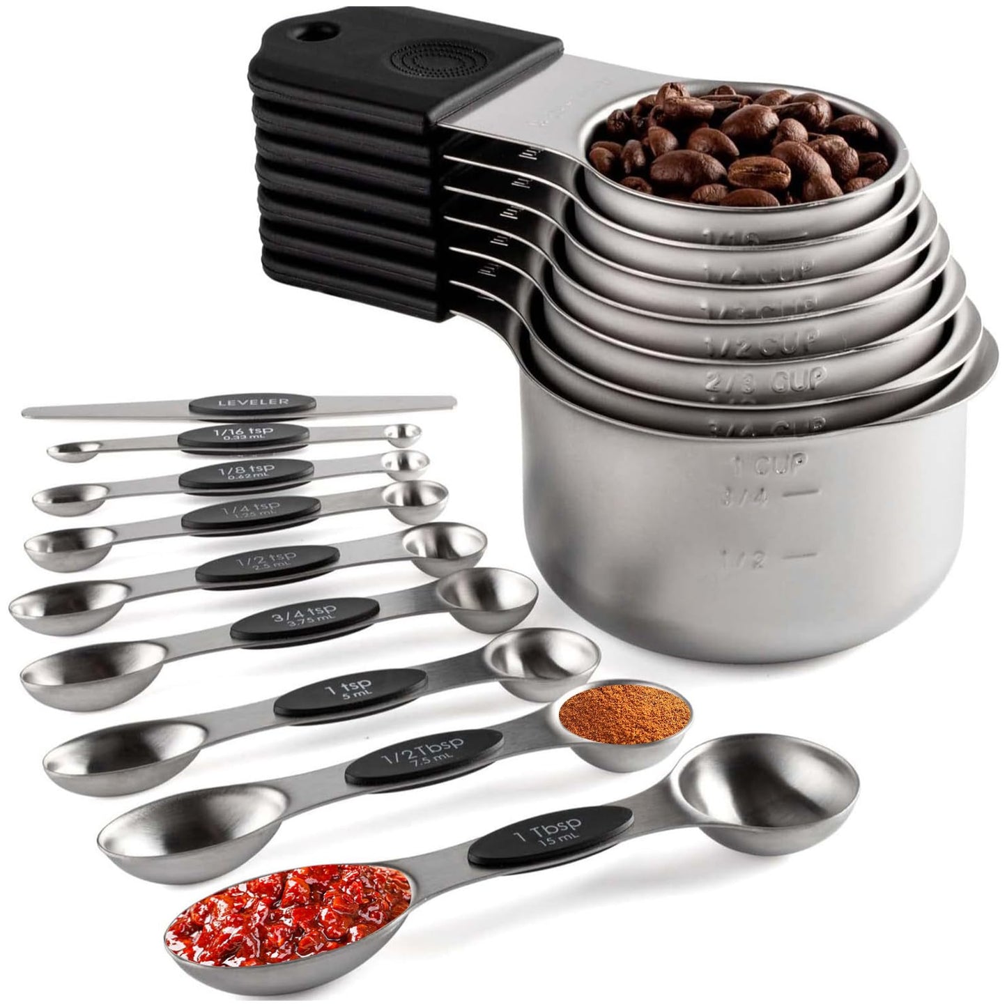 Spalivivre Magnetic Measuring Cups and Spoons Set, 16PCS with 7 Stainless Steel Measuring Cups 8 Magnetic Spoons and 1 Leveler for Measure Dry and Liquid Ingredients, Dishwasher Safe and Stackable
