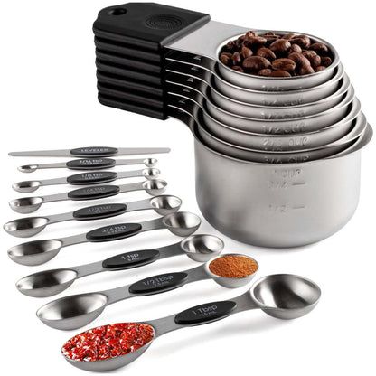Spalivivre Magnetic Measuring Cups and Spoons Set, 16PCS with 7 Stainless Steel Measuring Cups 8 Magnetic Spoons and 1 Leveler for Measure Dry and Liquid Ingredients, Dishwasher Safe and Stackable