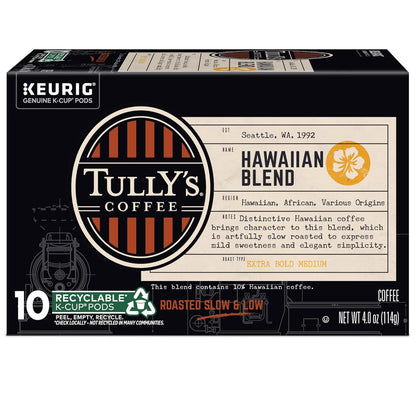 Tully's Coffee Hawaiian Blend K-Cup Pods - Medium Roast, 60 Count (6 Packs of 10)
