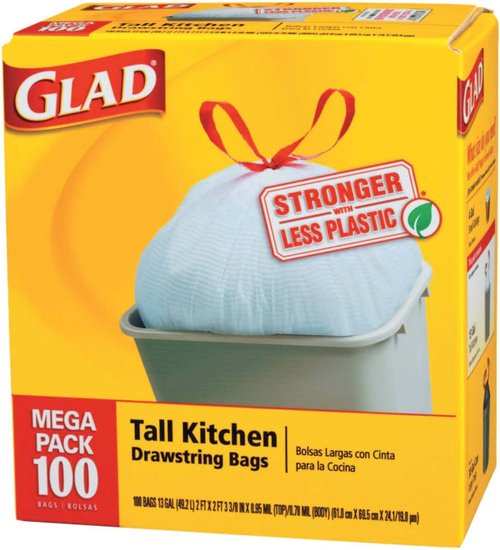 Glad Tall Kitchen Drawstring Trash Bags | 13 Gallon | 100 Count | Pack of 6 - CloroxPro Quality