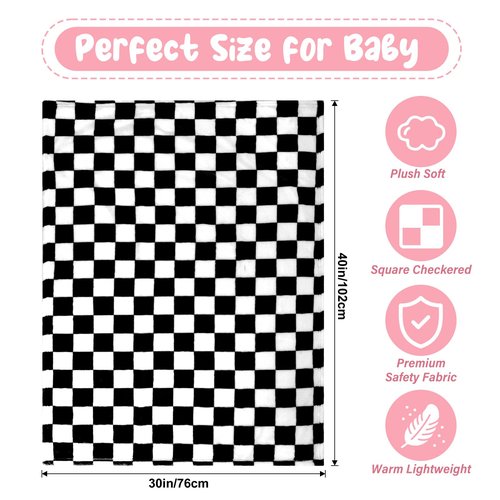 GreatBba Plush Checkered Baby Blanket for Boys Girls Nursery, 30"*40" Warm Short Fleece Blanket Neutral for Infant Newborn, Small Fuzzy for Sleeping, Chenille Baby for Stroller (Black&White)