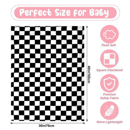 GreatBba Plush Checkered Baby Blanket for Boys Girls Nursery, 30"*40" Warm Short Fleece Blanket Neutral for Infant Newborn, Small Fuzzy for Sleeping, Chenille Baby for Stroller (Black&White)