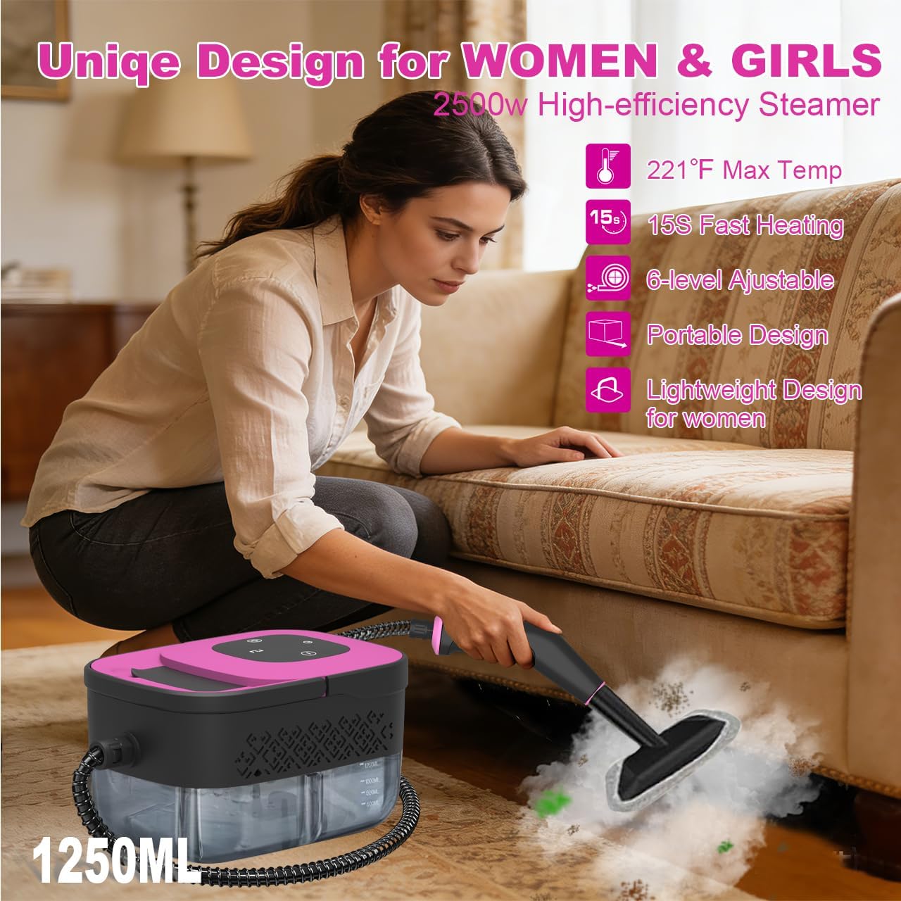 Skiennix Portable Steam Cleaner - 16-Piece Accessory Set | 6-Level Adjustable Heat-Up in 15 Seconds, Lightweight Design for Home & Car Detailing