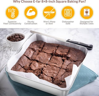 E-far Stainless Steel Square Cake Pan Set - Non-Toxic & Easy Clean Bakeware | Set of 3 (6/8/9-Inch)