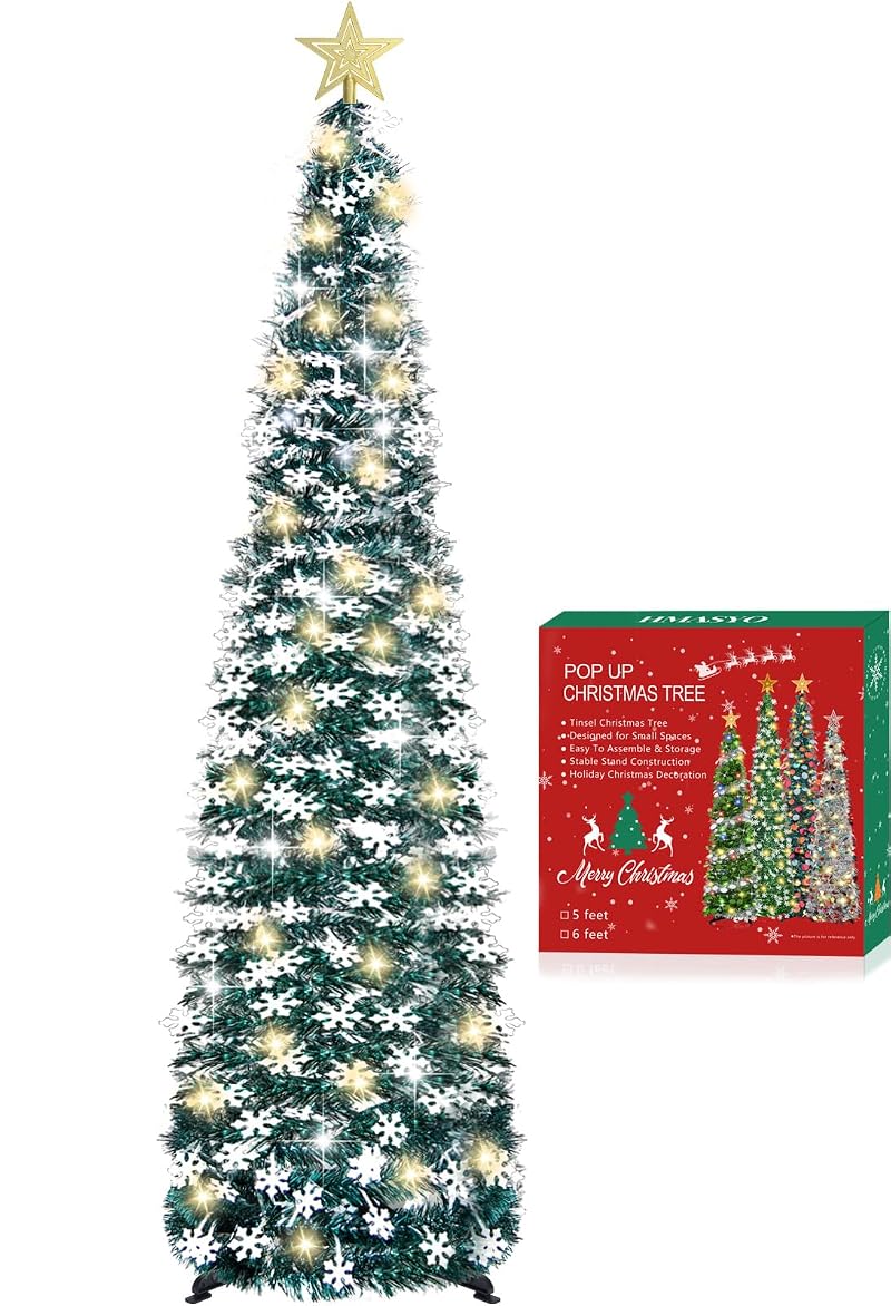 5 ft Pop Up Christmas Tree with Lights – Collapsible Tinsel Pencil Tree with Snowflake Ornaments