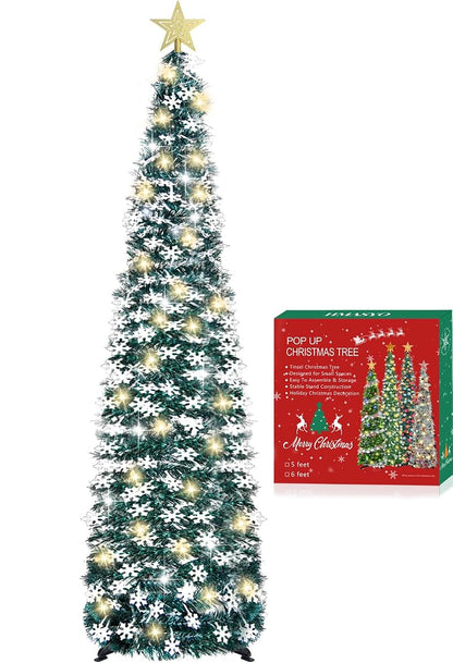 5 ft Pop Up Christmas Tree with Lights – Collapsible Tinsel Pencil Tree with Snowflake Ornaments