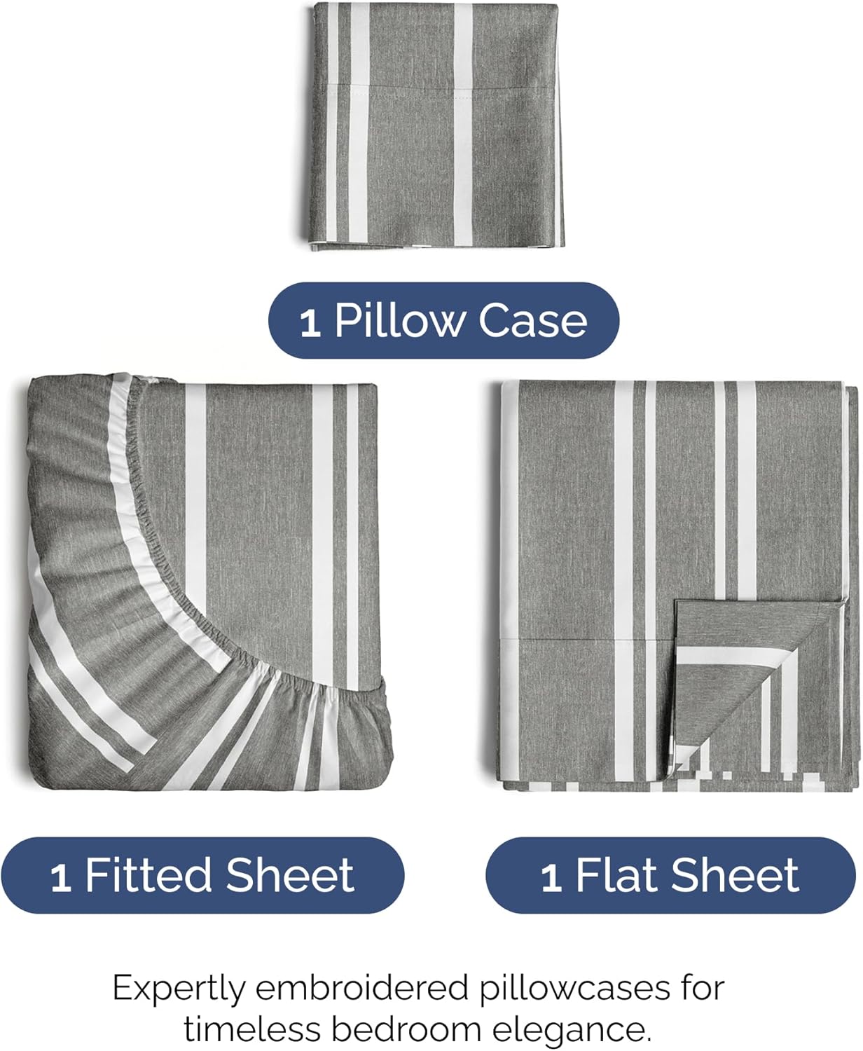 Skiennix Twin Size 3-Piece Sheet Set - Comfy, Breathable & Cooling Bedding - Deep Pockets, Soft, Wrinkle-Free - Grey Stripes
