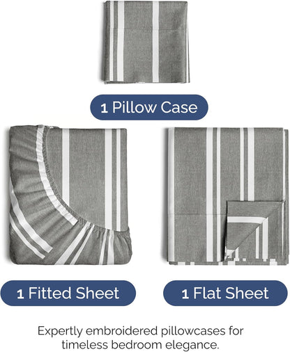 Skiennix Twin Size 3-Piece Sheet Set - Comfy, Breathable & Cooling Bedding - Deep Pockets, Soft, Wrinkle-Free - Grey Stripes