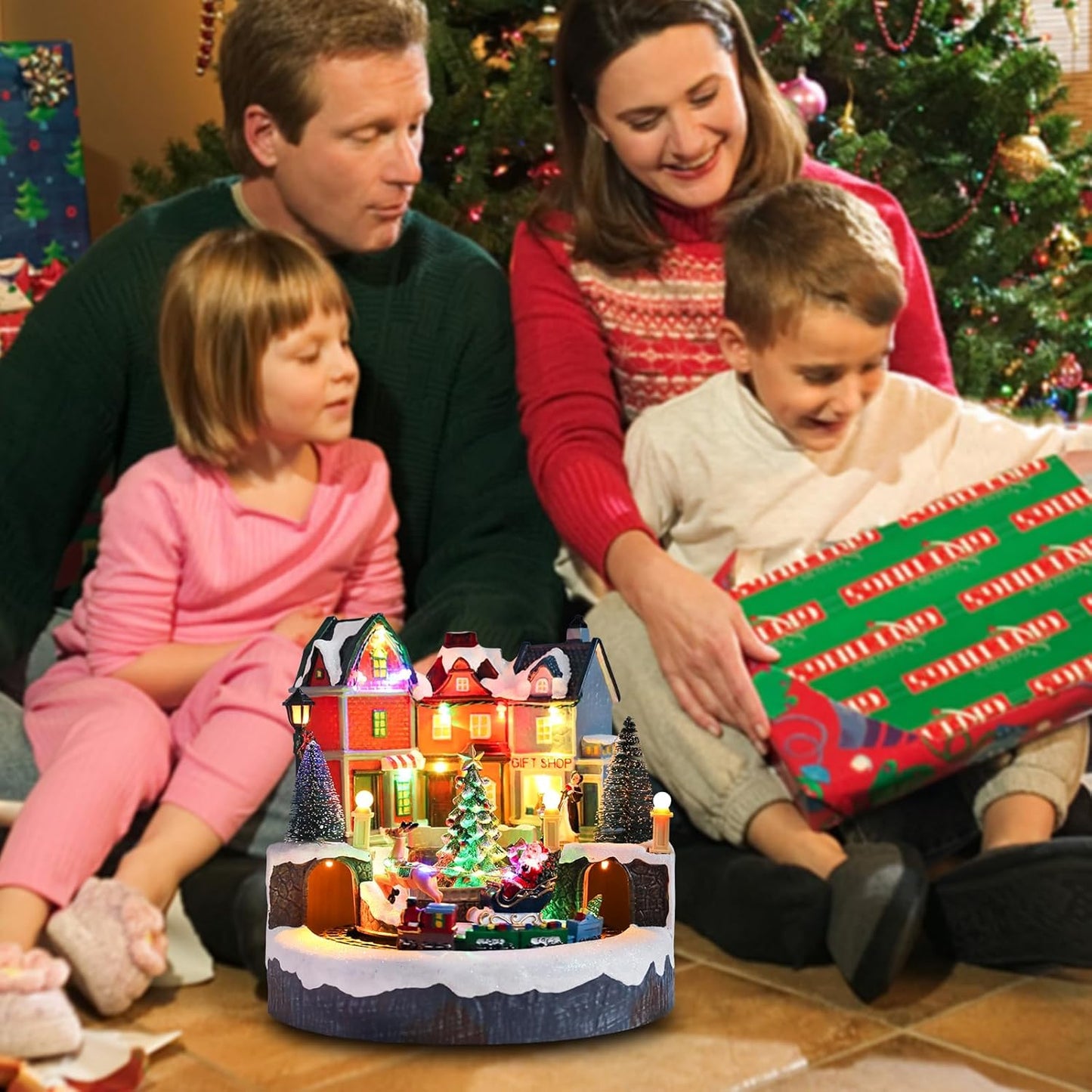 Afirst Christmas Village Houses - Lighted Collectible Figurines with Moving Train & Santa Sleigh | Musical Indoor Display