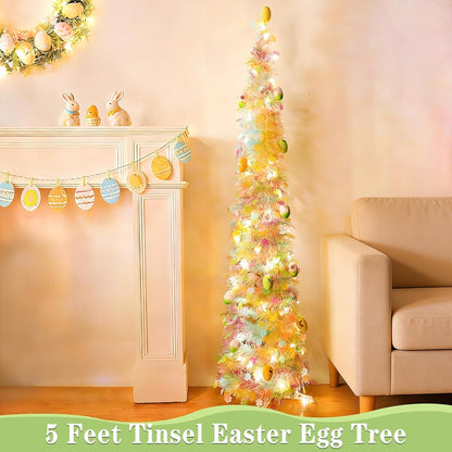 **Skiennix 5Ft Lighted Easter Tree - 50 LED Warm White Lights & Colorful Egg Ornaments | Battery Operated, Collapsible Design**