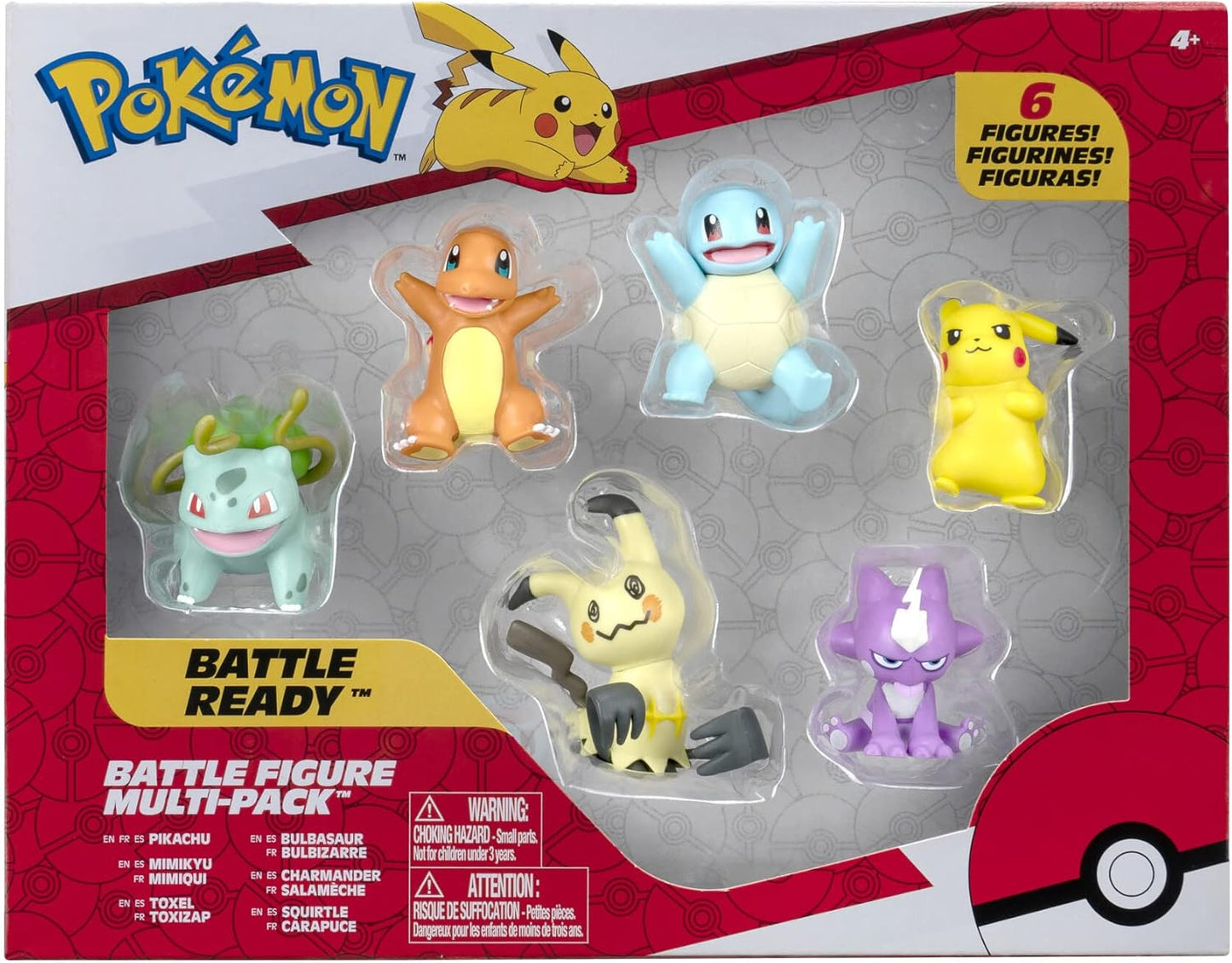 Pokémon Battle Figure 6-Pack | 2-Inch Pikachu, Squirtle, Charmander, Bulbasaur, Mimikyu & Toxel - Authentic Details