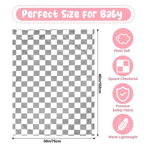 GreatBba Plush Checkered Baby Blanket for Boys Girls Nursery, 30"*40" Warm Short Fleece Blanket Neutral for Infant Newborn, Small Fuzzy for Sleeping, Chenille or Stroller (Gray&White)