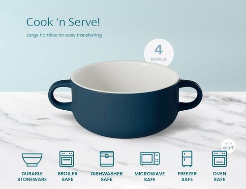 Kook Ceramic Soup Crocks - Oven & Microwave Safe Bowls with Handles - 18 oz, Set of 4 (Navy)