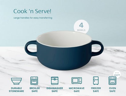 Kook Ceramic Soup Crocks - Oven & Microwave Safe Bowls with Handles - 18 oz, Set of 4 (Navy)